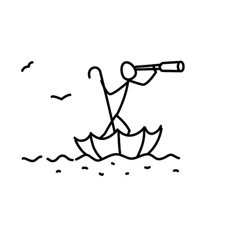 Illustration of a floating man in an umbrella with a spyglass. Vector. Picture for a store, banner or website. An image of a pilgrim looking for a profit and a house. Page in the umbrella.のイラスト素材