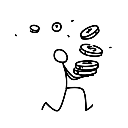 Illustration of a little man running with coins. Vector. Illustration for animation, re-presentation or website. Simple contour man. Businessman runs to the bank. The thief runs with the money. Unexpected arrived.のイラスト素材