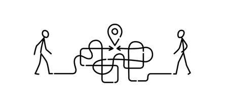 Illustration of a man walking through a maze to a meeting point. Vector. The maze is like a brain. Metaphor. Linear style. Illustration for website or presentation. Navigation. Search for the best path and exit.のイラスト素材
