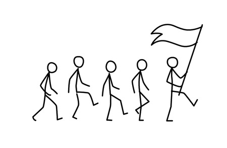 Illustration of the team following the leader. Vector. Way only in front. The flag bearer goes to the goal. Metaphor. Linear style. Illustration for website or poster.のイラスト素材