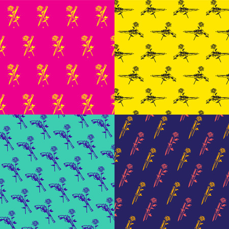 4 color patterns. Vector. Elements knife and rose. Ornaments for fabric and textiles, cover and poster. Vintage, retro style. Graphic templates. Drawing for wrapping paper.のイラスト素材