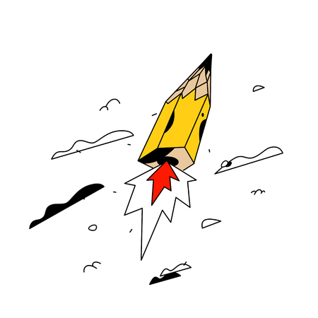 Illustration of a flying pencil-rocket. Vector. Cartoon flat style. Yellow pencil in the sky among the clouds. Symbol of creativity and creativity.のイラスト素材