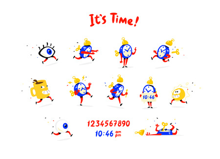 Cartoon characters alarm clock. Vector. Set of emotions and alarm clocks. The life of the clock. icon for company, print and website.のイラスト素材