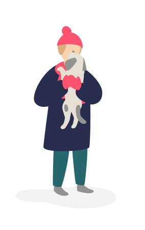 Illustration of a girl playing with a dog. Vector. Girl teenager in a coat and hat holding a dog. Flat cartoon style. Pet for a walk. The relationship between man and animal.のイラスト素材