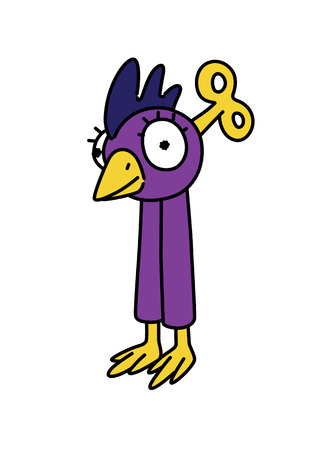 Illustration of a cartoon clockwork birdie. Vector. Flat outline style. Round bird with a key.のイラスト素材