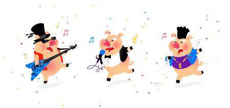 Illustration of three cheerful pigs musicians. Vector. Flat style. Pig rock musician, pig pop singer. Candy and holiday. Characters for karaoke and shop. Leading corparatives.のイラスト素材
