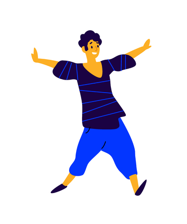 Cheerful positive guy. Vector. Illustration of a dancing young man. Character for the dance studio. Flat style. Company logo. Movement is life. Positive happy person.のイラスト素材
