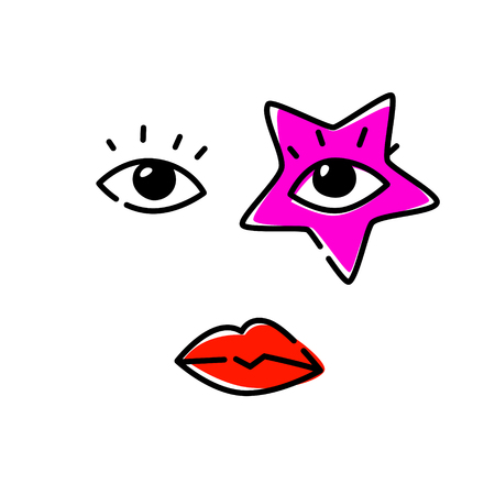 Illustration of human eyes. Vector. The look is directed to the viewer. An image of a pop star. Red star as a make-up on the face. Fashionable image for t-shirt.のイラスト素材