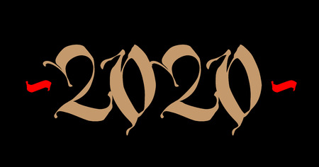 Inscription 2020, Gothic. Vector. New Year in medieval style. on a black background.