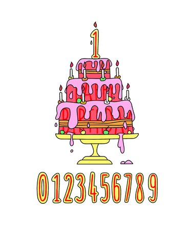 Illustration of a festive pink cream cake. Vector. Candle Numbers Cartoon style. A set of birthday decorations. Funny picture.のイラスト素材