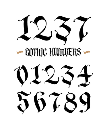 Set of gothic numbers. Vector. Handwritten Latin font. Arabic numerals. All characters separately. Medieval style.のイラスト素材