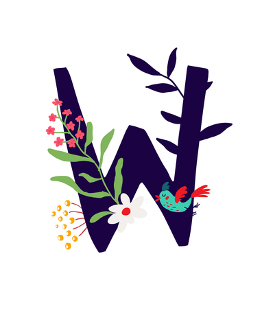 Illustration of the letter W in plants and flowers. Vector. Monogram for banner, greeting card. Composition of bouquets and plants, herbarium. Cartoon style. The image of summer and spring. Pattern for clothes.のイラスト素材