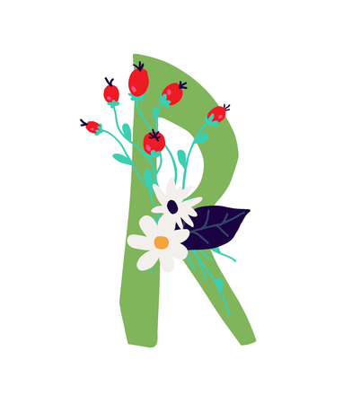 Illustration of the letter R in plants and flowers. Vector. Monogram for banner, greeting card. Composition of bouquets and plants, herbarium. Cartoon style. The image of summer and spring. Pattern for clothes.のイラスト素材