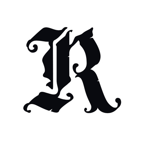 Letter R, in the Gothic style. Vector. Alphabet. The symbol is isolated on a golden background. Calligraphy and lettering. Medieval Latin letter. Logo for the company. Monogram. Elegant font for tattoo.のイラスト素材