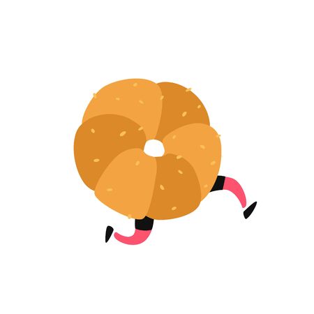 Illustration of butter cake. Vector. Character with legs. Icon for site on white background. Sign, logo for the store. Delivery of fresh bakery and confectionery. Bread loaf with seeds.のイラスト素材