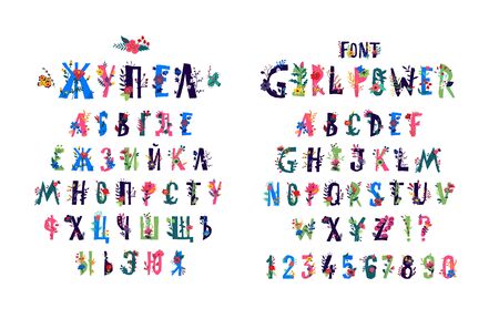 English alphabet in flowers and plants. Vector. Font Girl power. Latin letters in decorative elements. Russian alphabet. Cyrillic. Letters for inscriptions. Wedding invitation. Poster.のイラスト素材