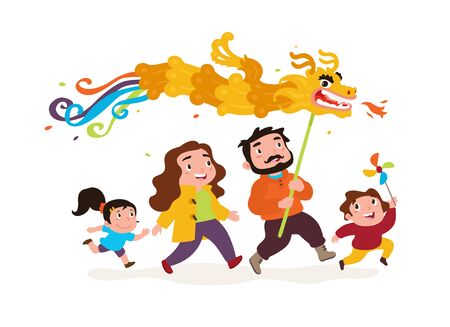 The family goes with the dragon. Vector. Funny characters Dad, Mom and kids go to celebrate Chinese New Year. Logo for a toy store. Sticker, icon for the project.のイラスト素材