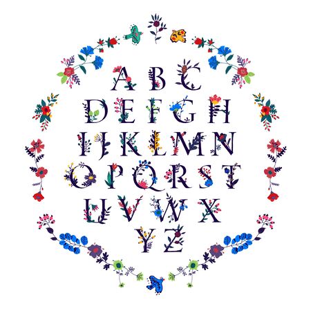 English alphabet in flowers and plants. Vector. Classic letters surrounded by decorative elements. Latin letters for inscriptions. Female image in the alphabet. Congratulations on March 8.のイラスト素材