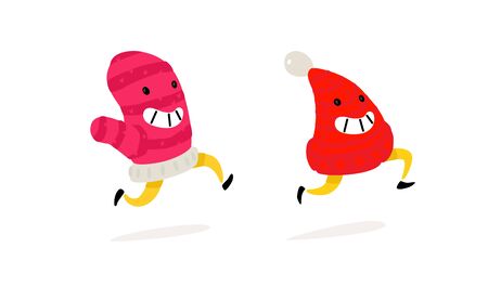 Running mittens and hat. Vector. Funny characters for winter goods. Logo for a children's knitwear store. Warm, tube stuff. Stickers, badges for the project.のイラスト素材
