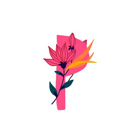 Latin letter P in flowers and plants. Vector. Letter in decorative elements for inscriptions. Company logo. Poster or monogram.のイラスト素材
