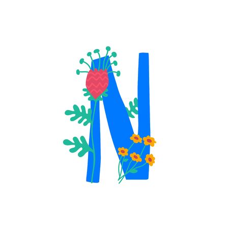 Latin letter N in flowers and plants. Vector. Letter in decorative elements for inscriptions. Company logo. Poster or monogram.のイラスト素材