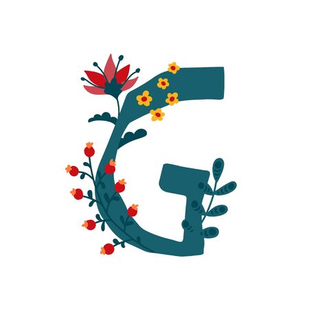 Latin letter G in flowers and plants. Vector. Letter in decorative elements for inscriptions. Company logo. Poster or monogram.のイラスト素材