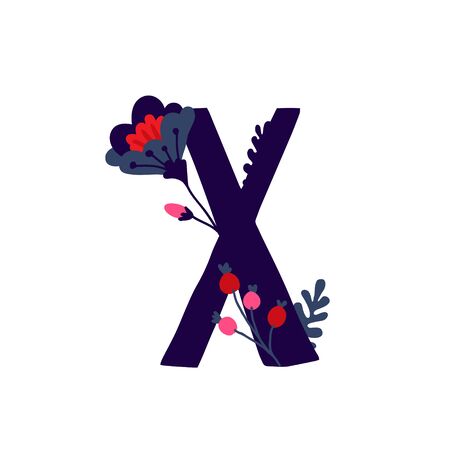 Latin letter X in flowers and plants. Vector. Letter in decorative elements for inscriptions. Company logo. Poster or monogram.のイラスト素材