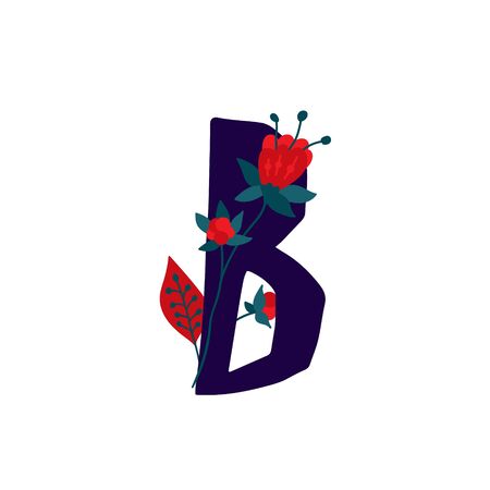 Latin letter B in flowers and plants. Vector. Letter in decorative elements for inscriptions. Company logo. Poster or monogram.のイラスト素材