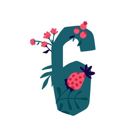 Number 6 in flowers and plants. Vector. Number in decorative elements for inscriptions. Company logo. Poster or monogram. Health and beauty. Eco products. Flower shop.のイラスト素材