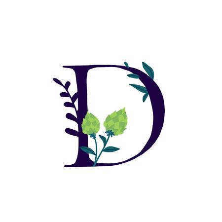 Latin letter D in flowers and plants. Vector. Letter in decorative elements for inscriptions. Company logo. Poster or monogram.のイラスト素材