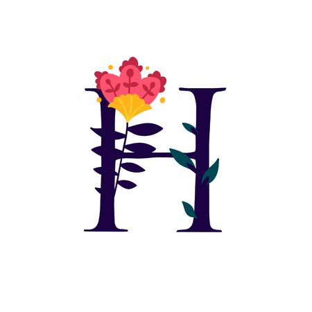 Latin letter H in flowers and plants. Vector. Letter in decorative elements for inscriptions. Company logo. Poster or monogram.のイラスト素材