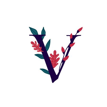 Latin letter V in flowers and plants. Vector. Letter in decorative elements for inscriptions. Company logo. Poster or monogram.のイラスト素材