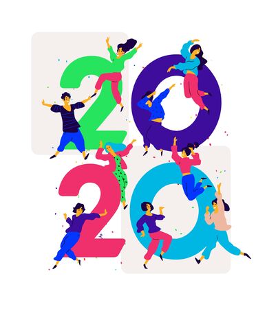 Illustration New Year 2020. Vector. People tweet and have fun around numbers. Youth celebrate Christmas. Employees in the office are going to celebrate. Flat style. Illustration for the calendar and site.のイラスト素材
