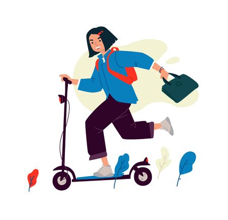 Illustration of a girl on an electric scooter. Vector. A woman in a hurry to study or work. Youth business female image. Asian look. Flat style. Mascot for the company.のイラスト素材