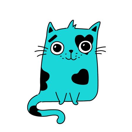 Illustration of a cute kitty. Vector. Turquoise cute cat. Flat kawaii style. Hero for postcards. Mascot for the company, drawing for t-shirts.のイラスト素材