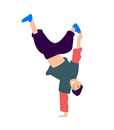 Illustration of a guy dancing upside down. Vector. A young dancer is standing on one arm. Flat style. Image isolated on a white background. Booty to the top.のイラスト素材