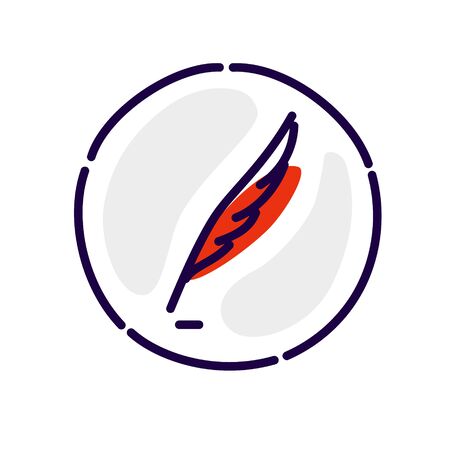 Illustration of pen icon in a circle. Vector. Red bird feather. Contour flat style. Logo for corporate identity, company.のイラスト素材