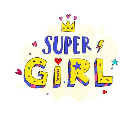 Super Girl logo lettering illustration. Vector. Motivational inscription. Graphic elements. Pattern for fabric, clothing or wrapping paper. Flat ironic style.のイラスト素材