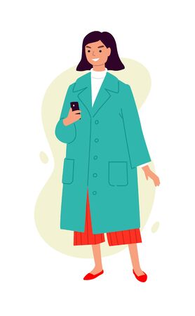 Illustration of a cute girl in a turquoise coat. Vector. Woman with a telephone. Casual style of dress. Flat style. Image is isolated on a white background.のイラスト素材