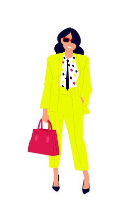 Illustration of a cute girl in a yellow suit. Vector. Woman shopper shopper with purchases. Casual style of dress. Flat style. Image is isolated on a white background.のイラスト素材