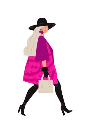 Illustration of a bright girl in a black hat. Vector. Glamorous image of a lady in pink. Flat style.のイラスト素材