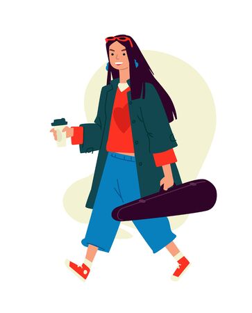 Illustration of a girl with cappuccino coffee. Vector. A woman runs to a rehearsal in the morning. Everyday musician. An invigorating morning coffee. A hired killer in a violin case carries a rifle. Flat style.のイラスト素材