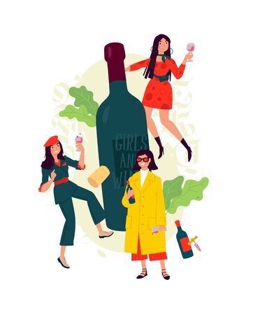 Illustration of girls with a glass of wine around the bottle. Vector. Women celebrate the holiday, have fun and relax. Party all night March 8th. Slightly drunken ladies, without complexes. Wine lovers.のイラスト素材