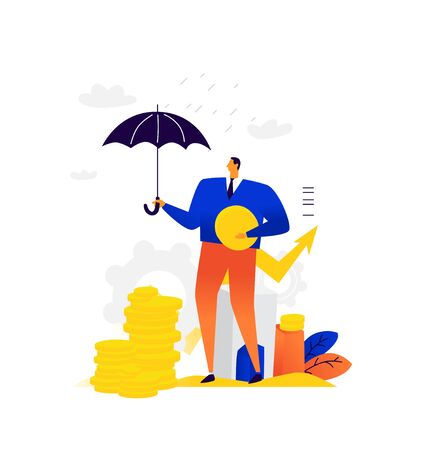 Illustration of a businessman with coins under an umbrella. Vector. Metaphor. A man is trying to keep his capital from inflation. The fall of stocks on the stock exchange. The broker makes money. Stock growth in the market.のイラスト素材