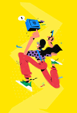 Character illustrations with safe and key. Vector. A metaphor about the preservation of the most valuable in bank cells and safes. Friendly character. Saving and caring for investments. Fashionable style.のイラスト素材