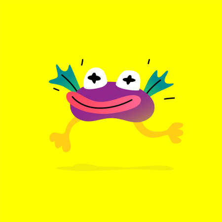 Illustration of a cute, lovely monster character. Vector. Mascot for the company. Abstract creature. Character is isolated on a yellow background. Children's cartoon image, lively drawing of a monster.のイラスト素材