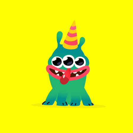 Illustration of a cute, lovely monster character. Vector. Mascot for the company. Abstract creature. Character is isolated on a yellow background. Children's cartoon three-eyed pet or mutant.のイラスト素材