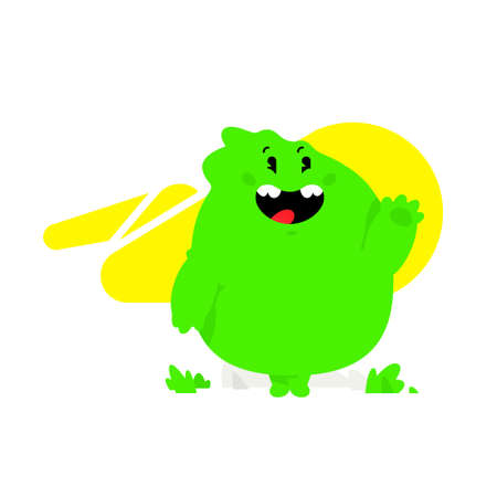 Illustration of a green kawaii monster. Vector. Cute cartoon baby dragon. Toy rubber mascot for the company. Character for animation. Emotion of a cheerful, friendly monster.のイラスト素材