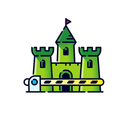 Medieval castle with a gate. Vector. No entry and exit icon. Allegory and metaphor of the restricted area. Outline flat style. Illustration for website or print.のイラスト素材