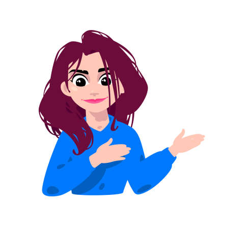 Illustration of a young brown-haired girl. Vector. Cartoon woman points to the left with her hands....
